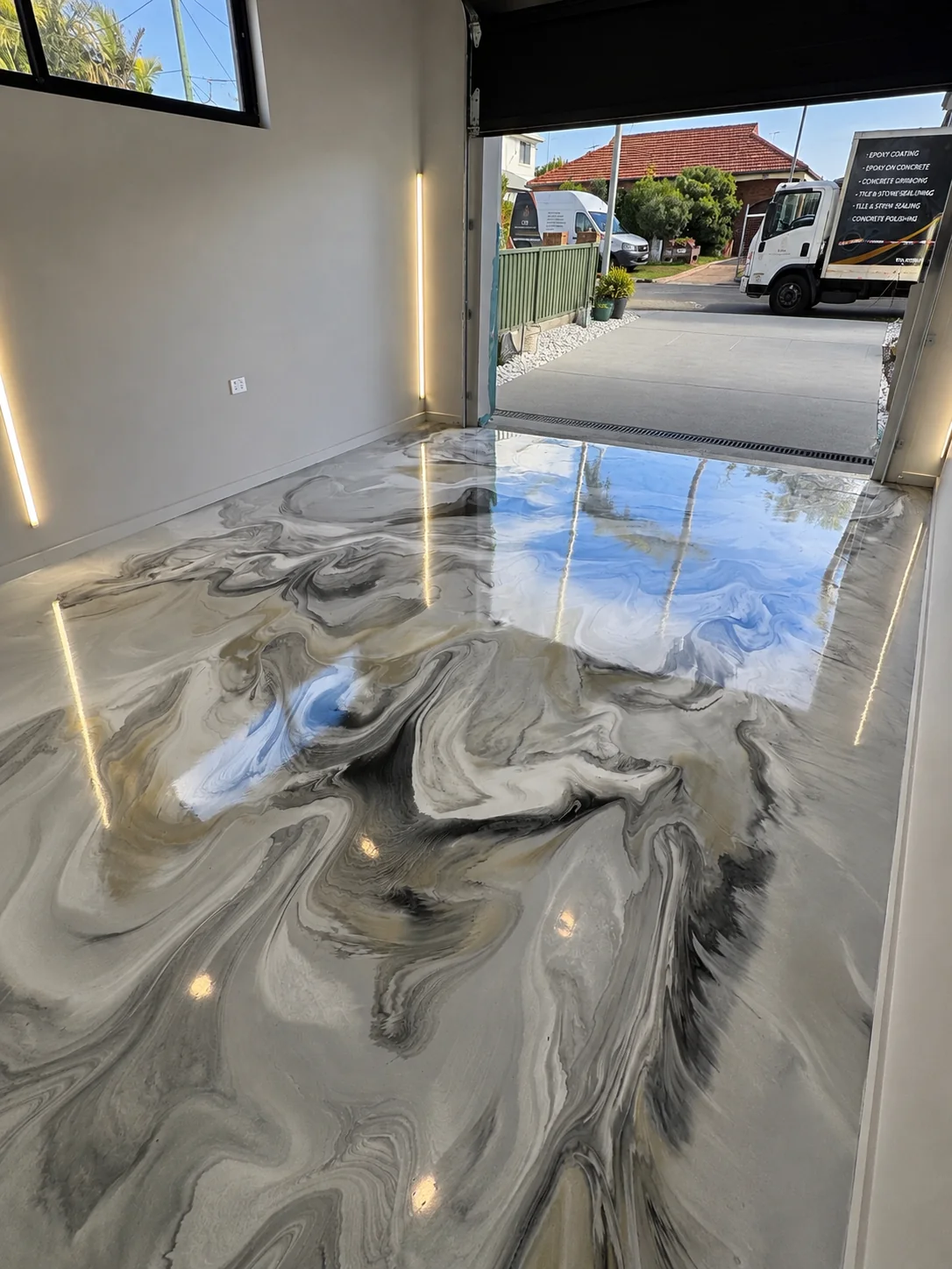 Monochrome metallic marble garage floor