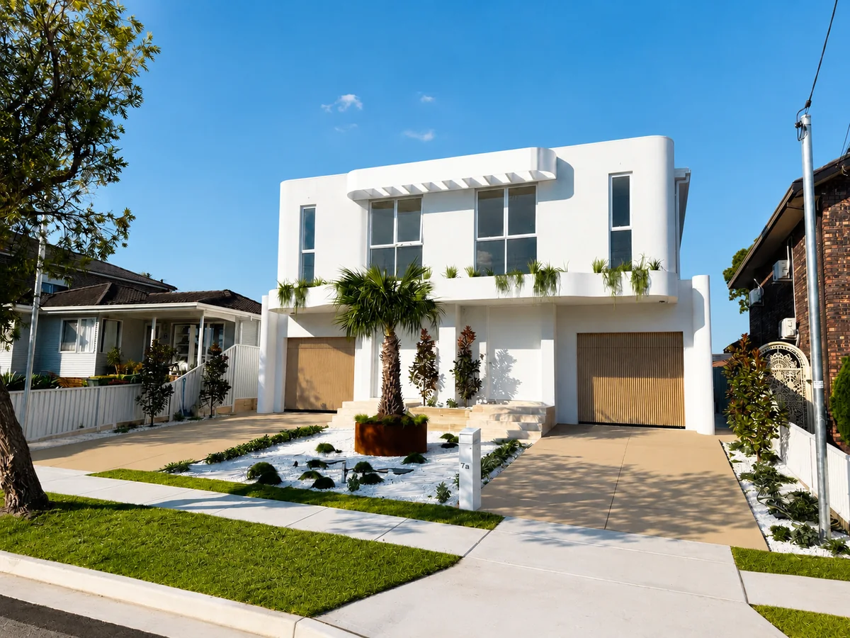 Resurfaced driveway and street frontage of a modern home